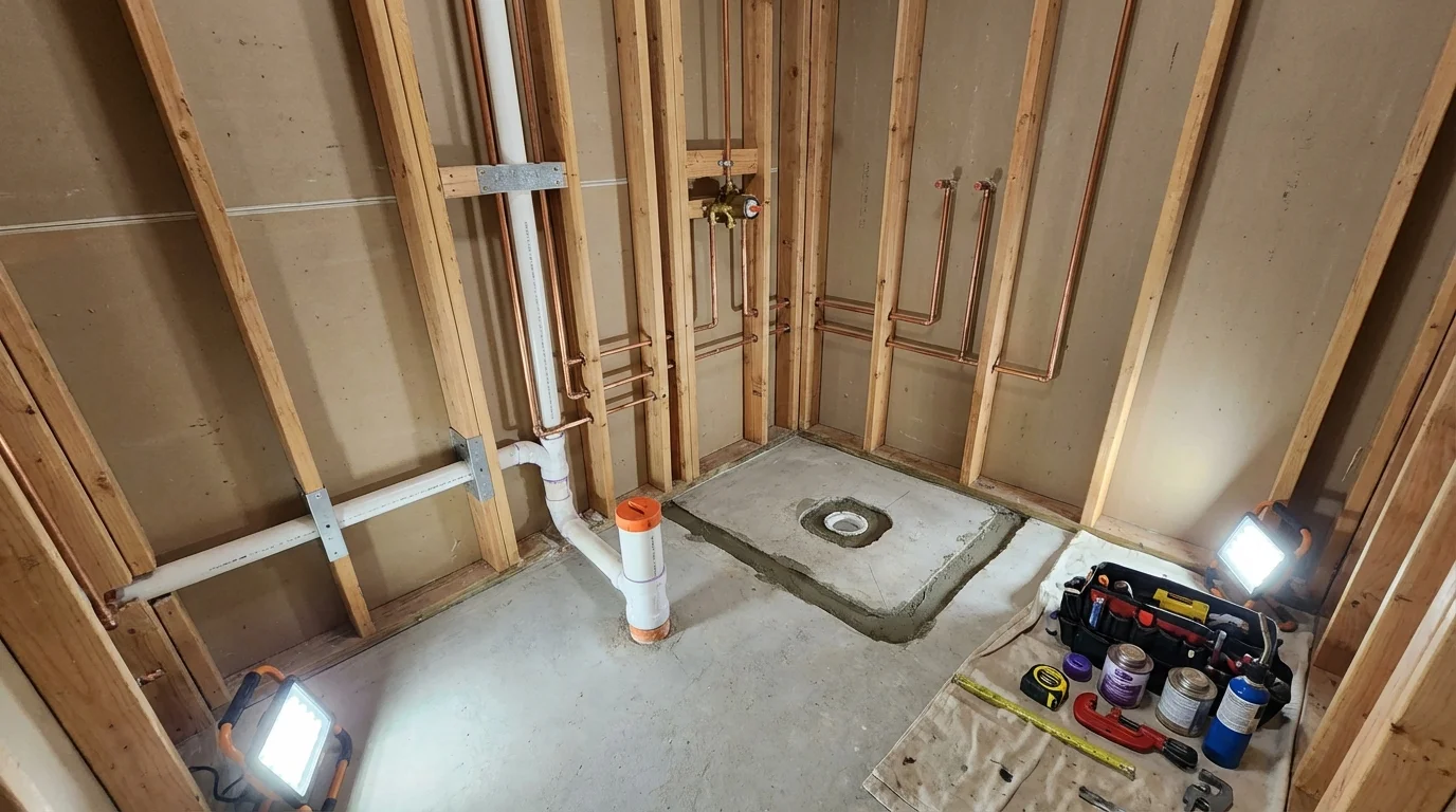 Bathroom rough-in plumbing during remodel by Johns Plumbing LLC in Grand Ledge