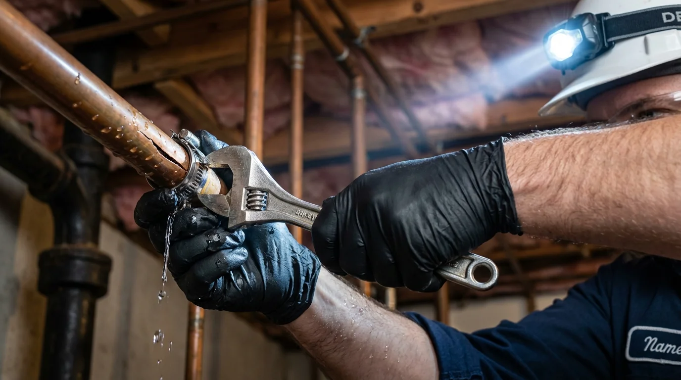 Emergency pipe clamp repair being performed by a Johns Plumbing LLC plumber in Grand Ledge