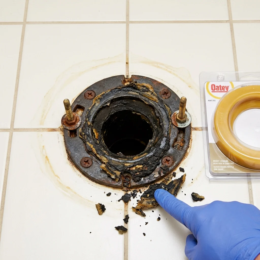 Failed wax ring showing water seepage at the base of a toilet in a Grand Ledge, MI home